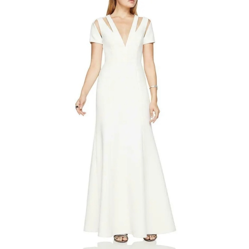 Bcbgmaxazria- White “Estrella” Cutout Cap Sleeve Maxi Cocktail Dress